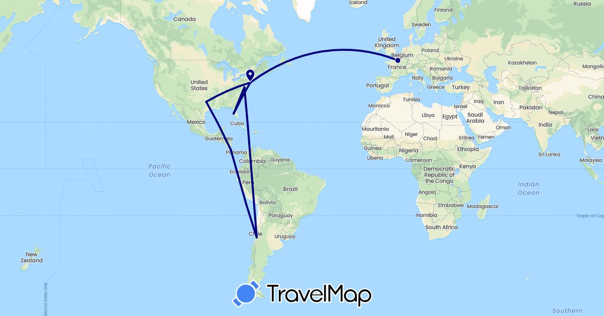 TravelMap itinerary: driving in Chile, Costa Rica, France, United States (Europe, North America, South America)